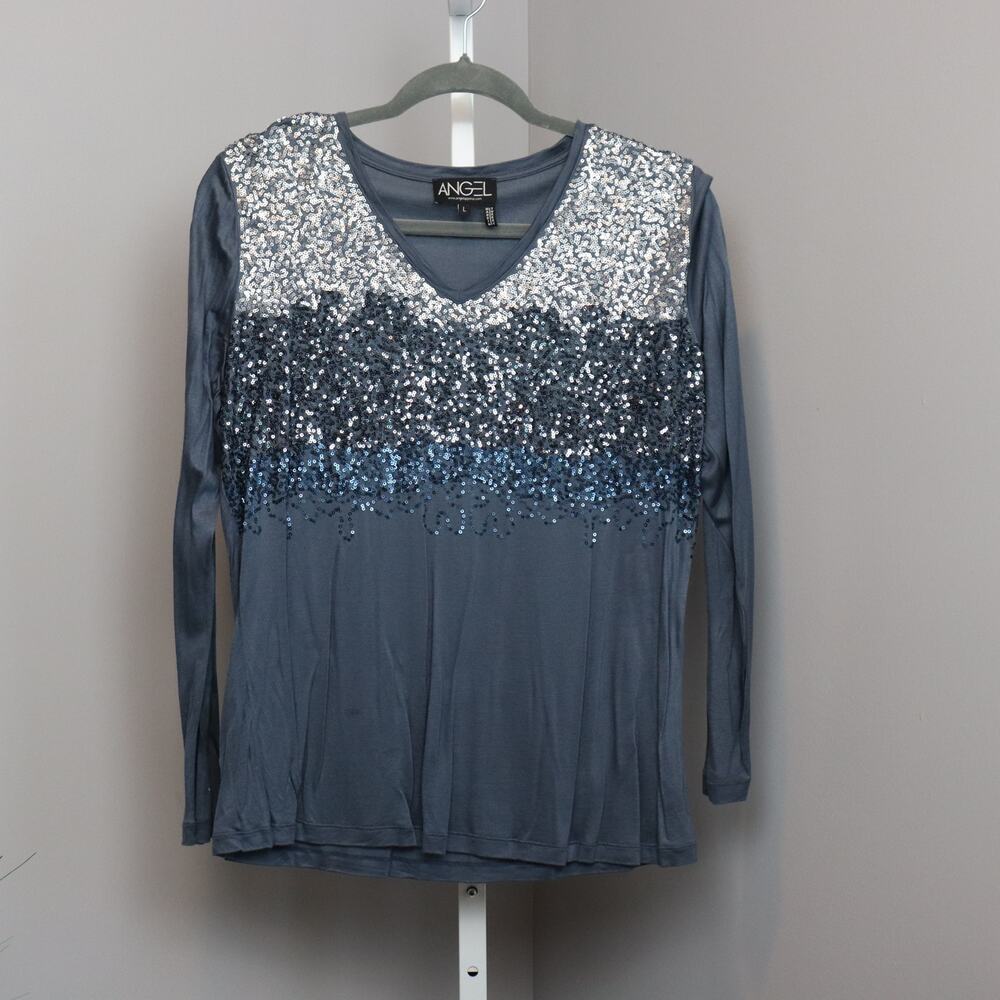 Angel Apparel Sequin Ombre Long Sleeve Top Sz L Blue Gray Made in Turkey